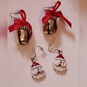 JINGLE BELLS & SANTA CLAUS Earrings White Red Silver & Gold Glitter Pier…